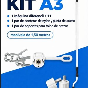 Kit A3 Almatru: maquina diferencial 1:11, conteras, soportes para toldo de brazos y manivela de 1,50 m
