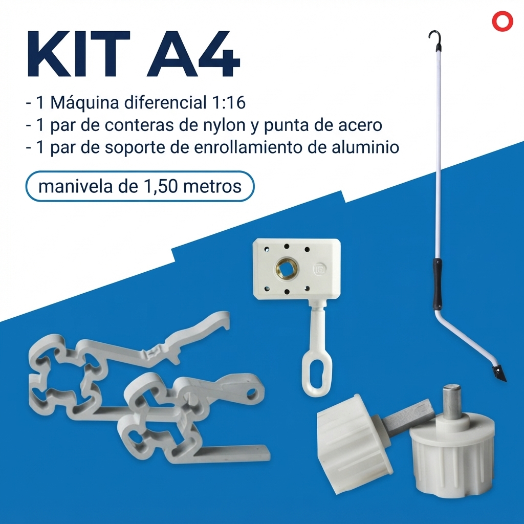 Kit A4 Almatru: maquina diferencial 1:16, conteras, soportes de enrollamiento y manivela de 1,50 m