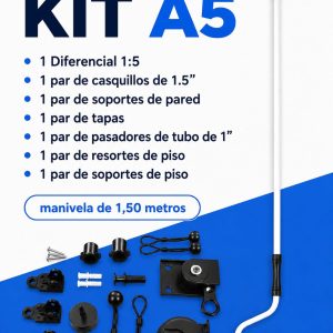 Kit A5 Almatru: diferencial 1:5, casquillos de 1,5 pulgadas, soportes de pared y piso, tapas, pasadores, resortes y manivela